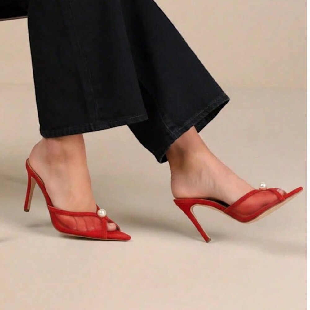 Red Women's Pearl Detail Mesh High Heel Stiletto Mules